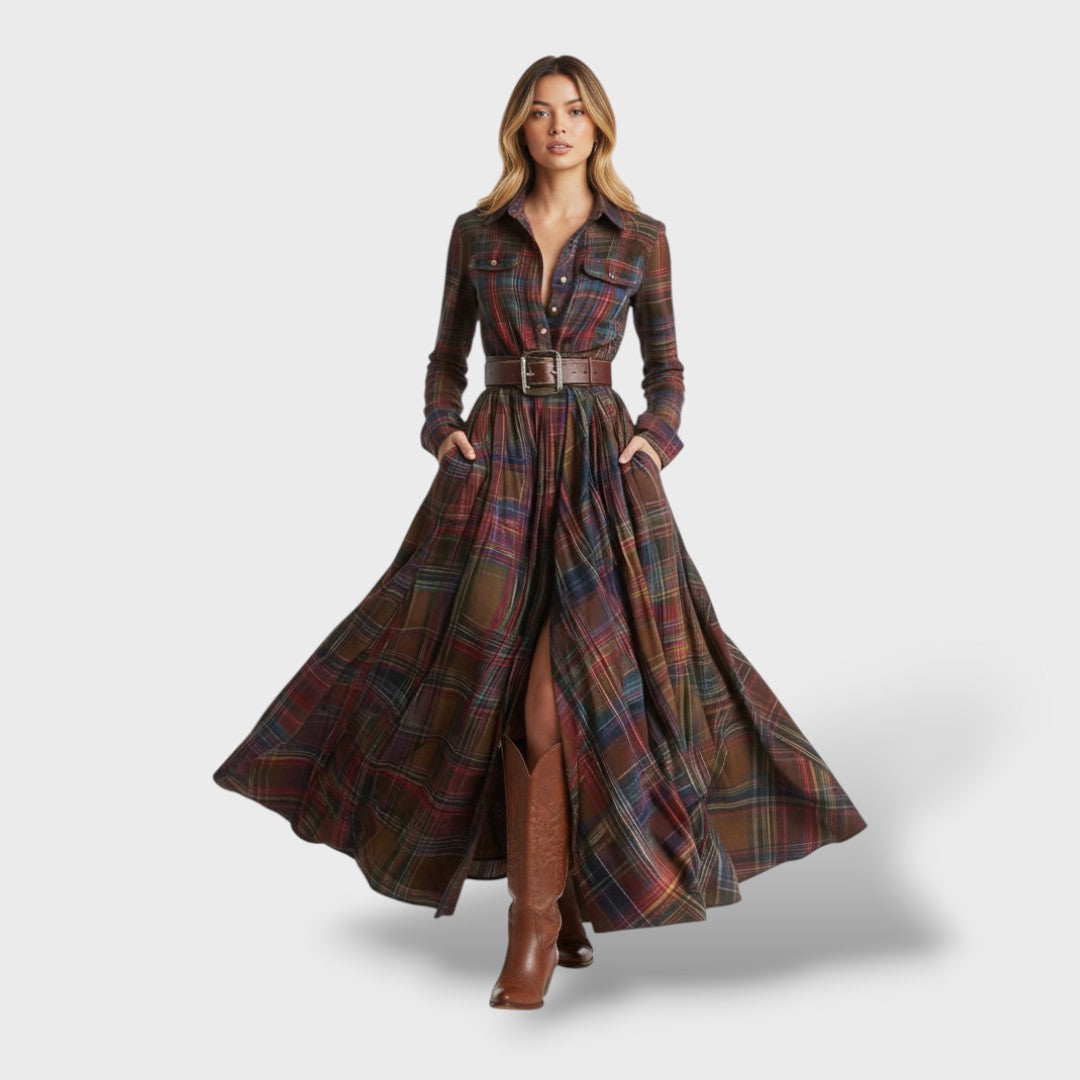 Vestido camisero de cuadros manga larga para mujer, moda femenina casual.