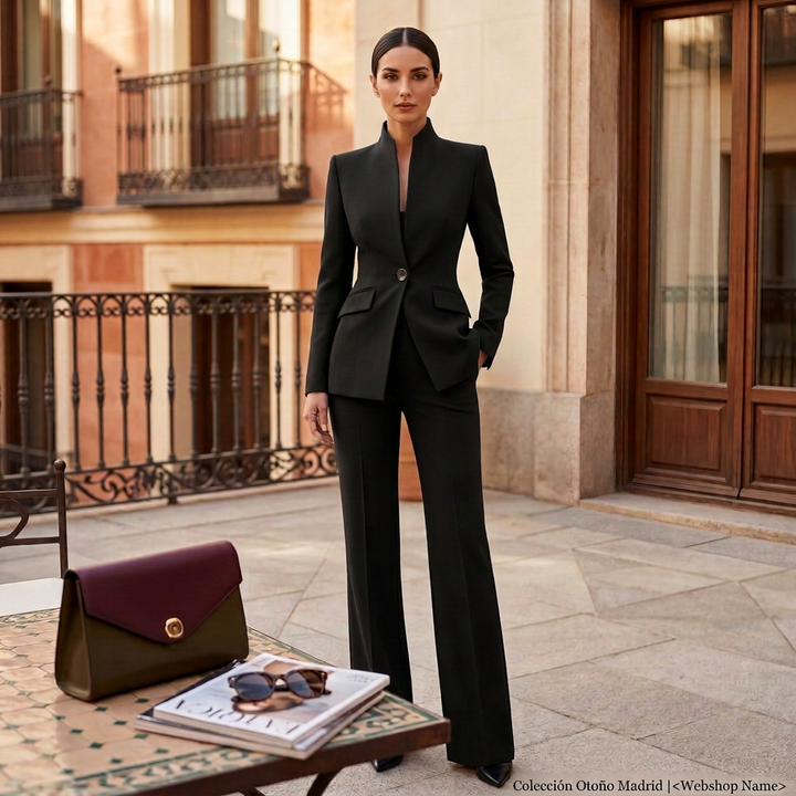 Vestir mujer con estilo: traje elegante de chaqueta y pantalón, moda formal.