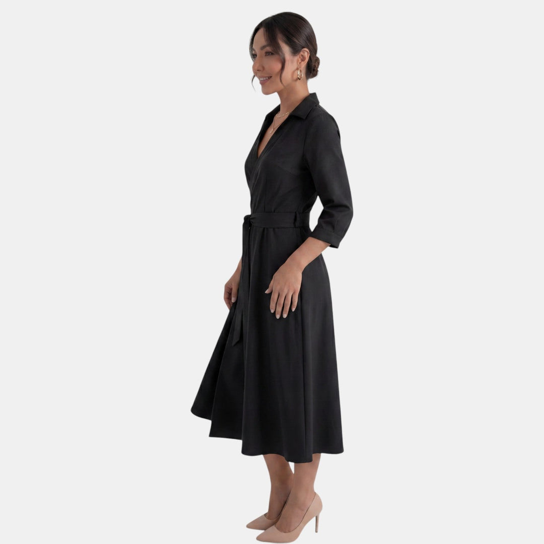 Versátil vestido midi elegante para mujer con escote V profundo, perfecto para día o noche.