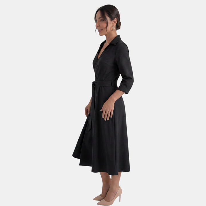 Versátil vestido midi elegante para mujer con escote V profundo, perfecto para día o noche.