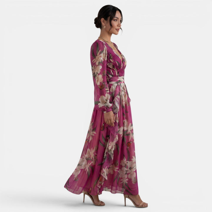 Vestido largo floral para mujer con escote en V pronunciado, diseño elegante y tela ligera, perfecto para la primavera.