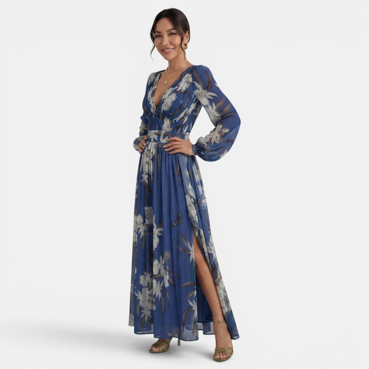 Vestido floral elegante para mujer, silueta maxi y escote V, ideal para eventos de verano y primavera.