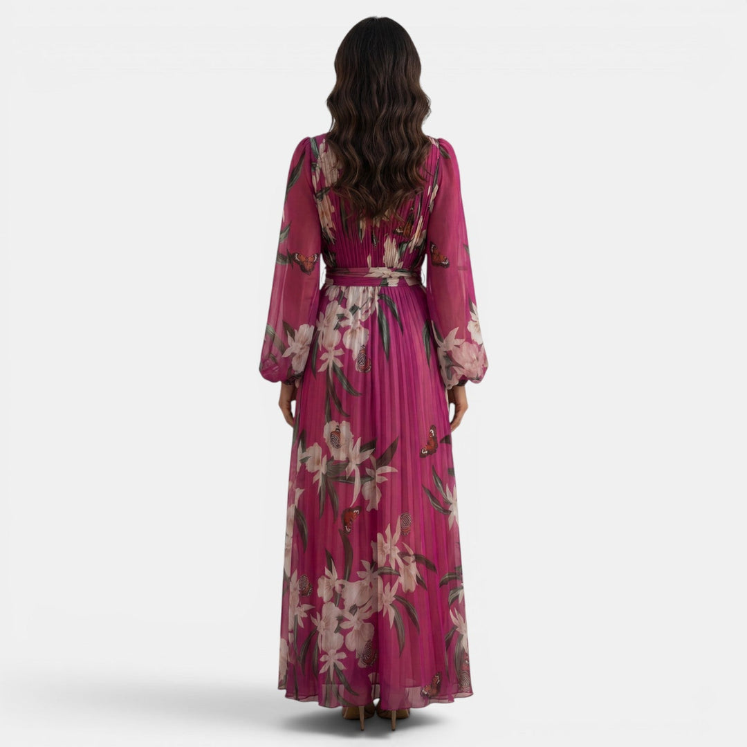 Maxi vestido de mujer con estampado floral vibrante, escote V profundo, estilo casual y fresco para verano.