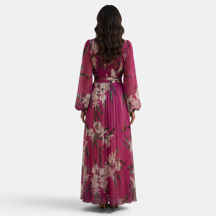 Maxi vestido de mujer con estampado floral vibrante, escote V profundo, estilo casual y fresco para verano.