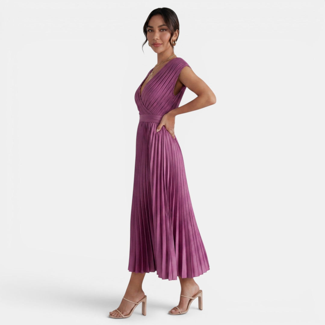 Vestido midi plisado de mujer con escote en V, cómodo y elegante, perfecto para verano.