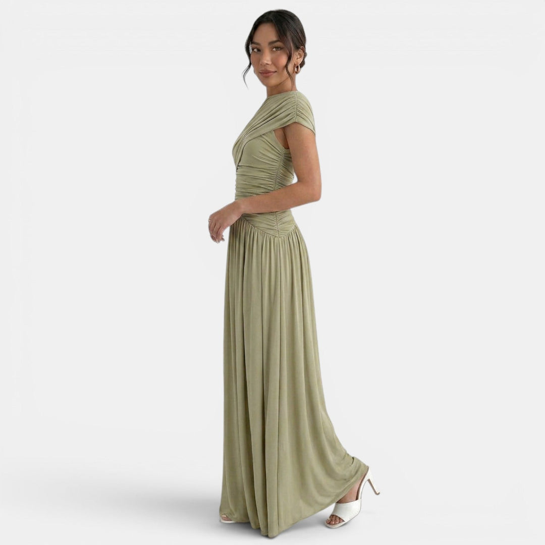 Vestido largo de fiesta bodycon verde para mujer, con detalle asimétrico y plisado, perfecto para invitadas.