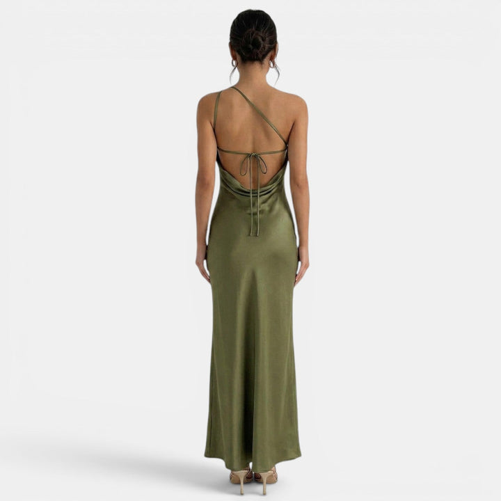 Vestido de encaje azul marino para mujer, elegante, largo, con espalda descubierta, estilo formal.