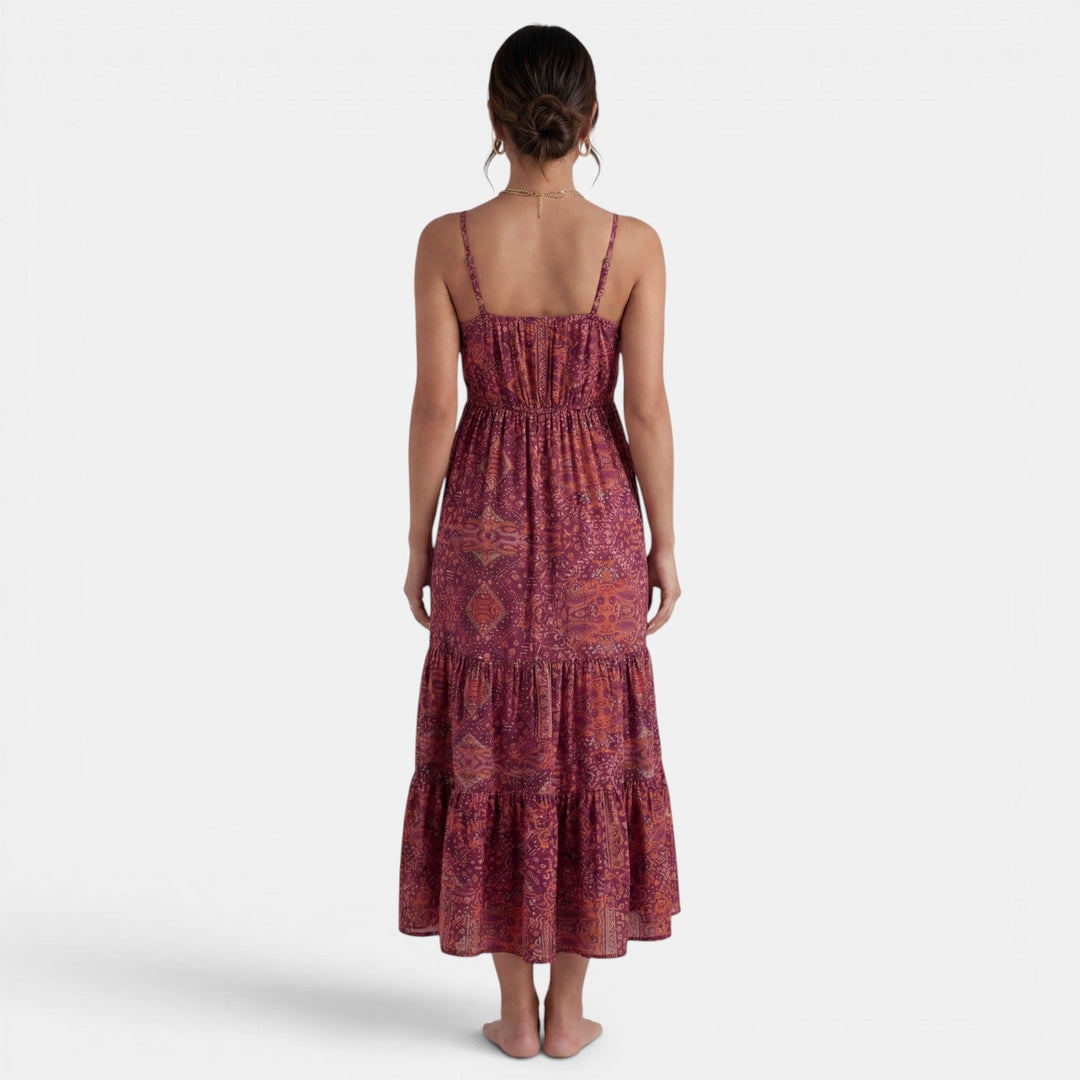 Vestido largo de tirantes boho para mujer, estampado veraniego. Ideal para un look casual fresco de día o playa.