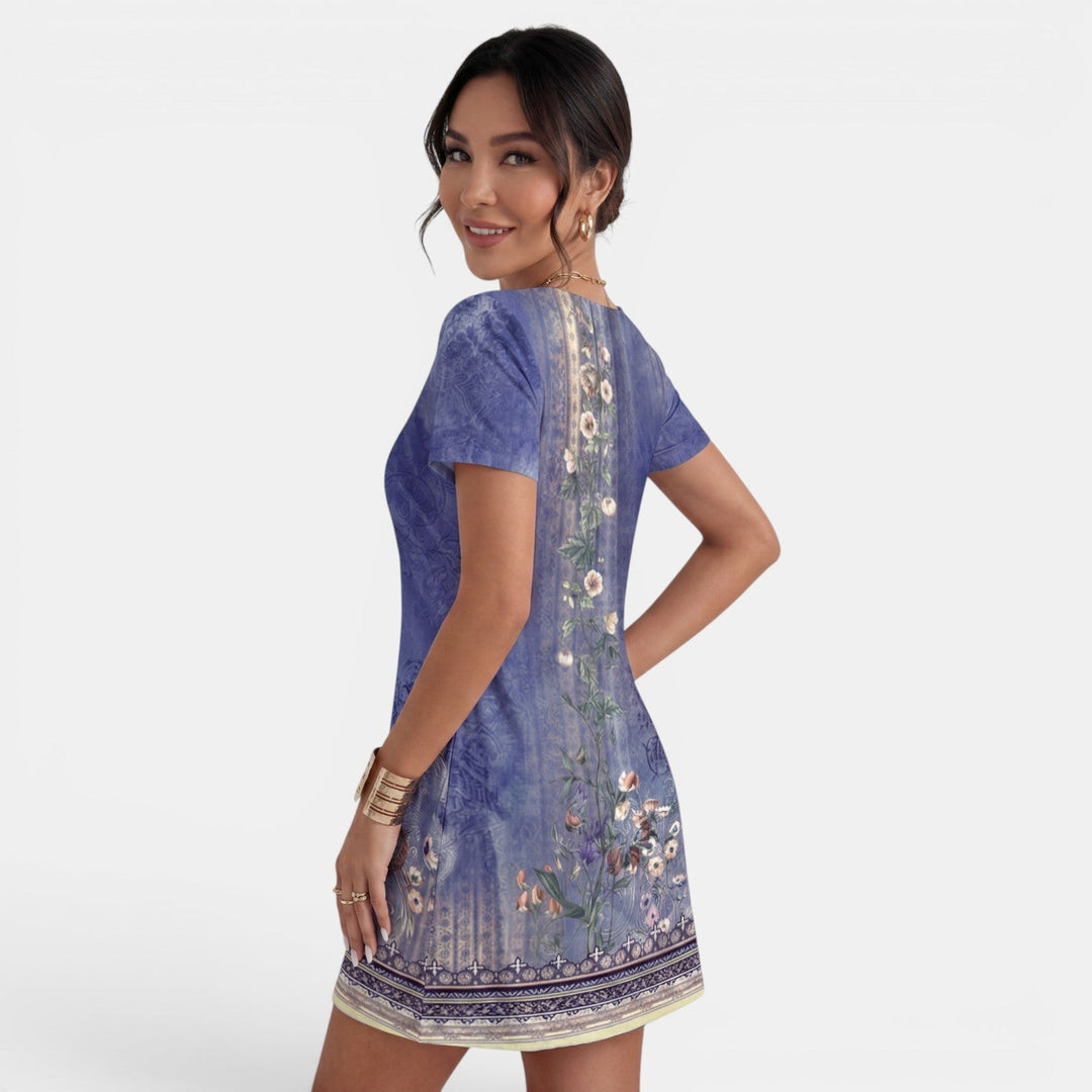 Vestido midi de mujer con estampado floral, cuello V, ideal para verano, moda casual y confortable.