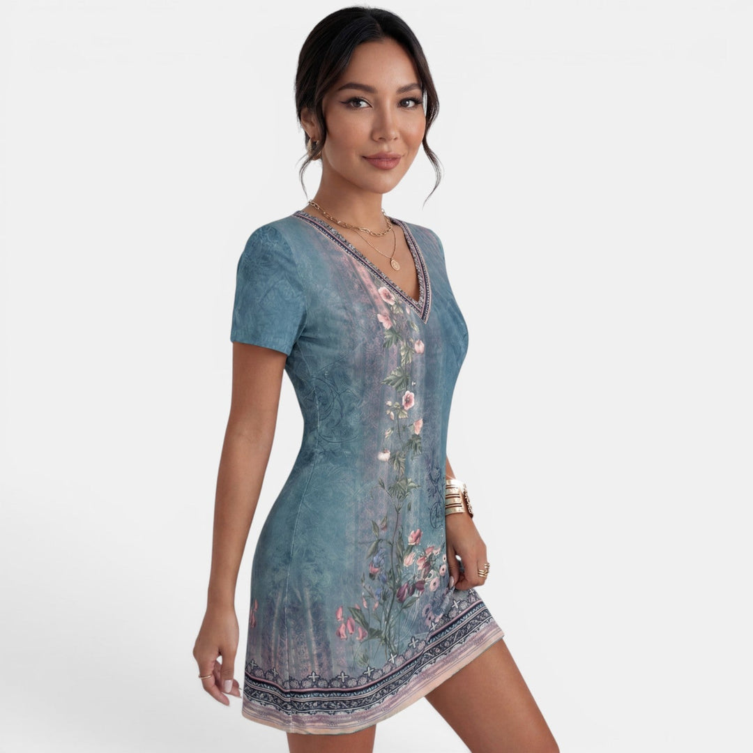 Vestido midi estampado de mujer, cuello V, talla grande, fluido, cómodo y elegante para verano.