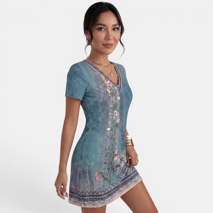 Vestido midi estampado de mujer, cuello V, talla grande, fluido, cómodo y elegante para verano.