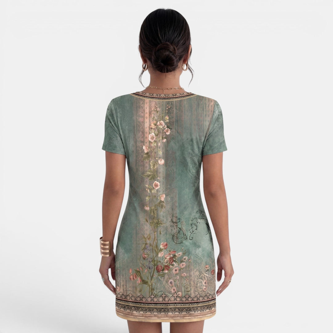 Vestido midi fluido estampado, cuello V, muy cómodo para mujer, moda veraniega casual, disponible en tallas grandes.