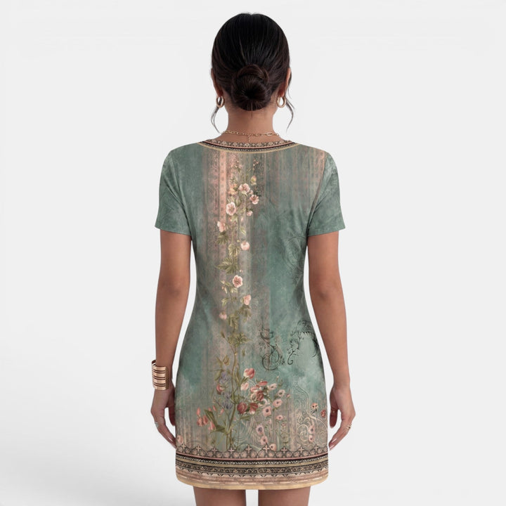 Vestido midi fluido estampado, cuello V, muy cómodo para mujer, moda veraniega casual, disponible en tallas grandes.
