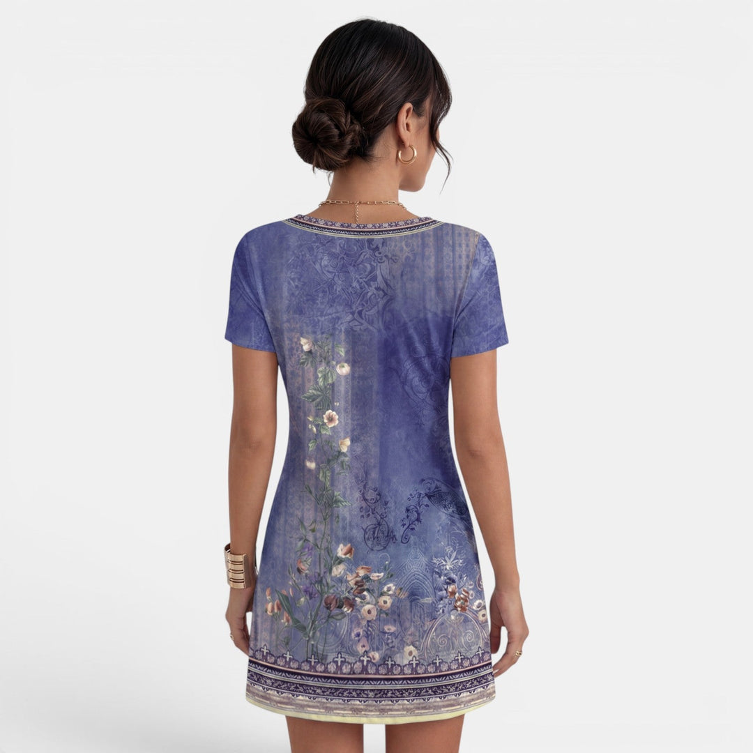 Vestido midi estampado casual-elegante para mujer, cuello V, perfecto para verano y primavera, moda femenina.