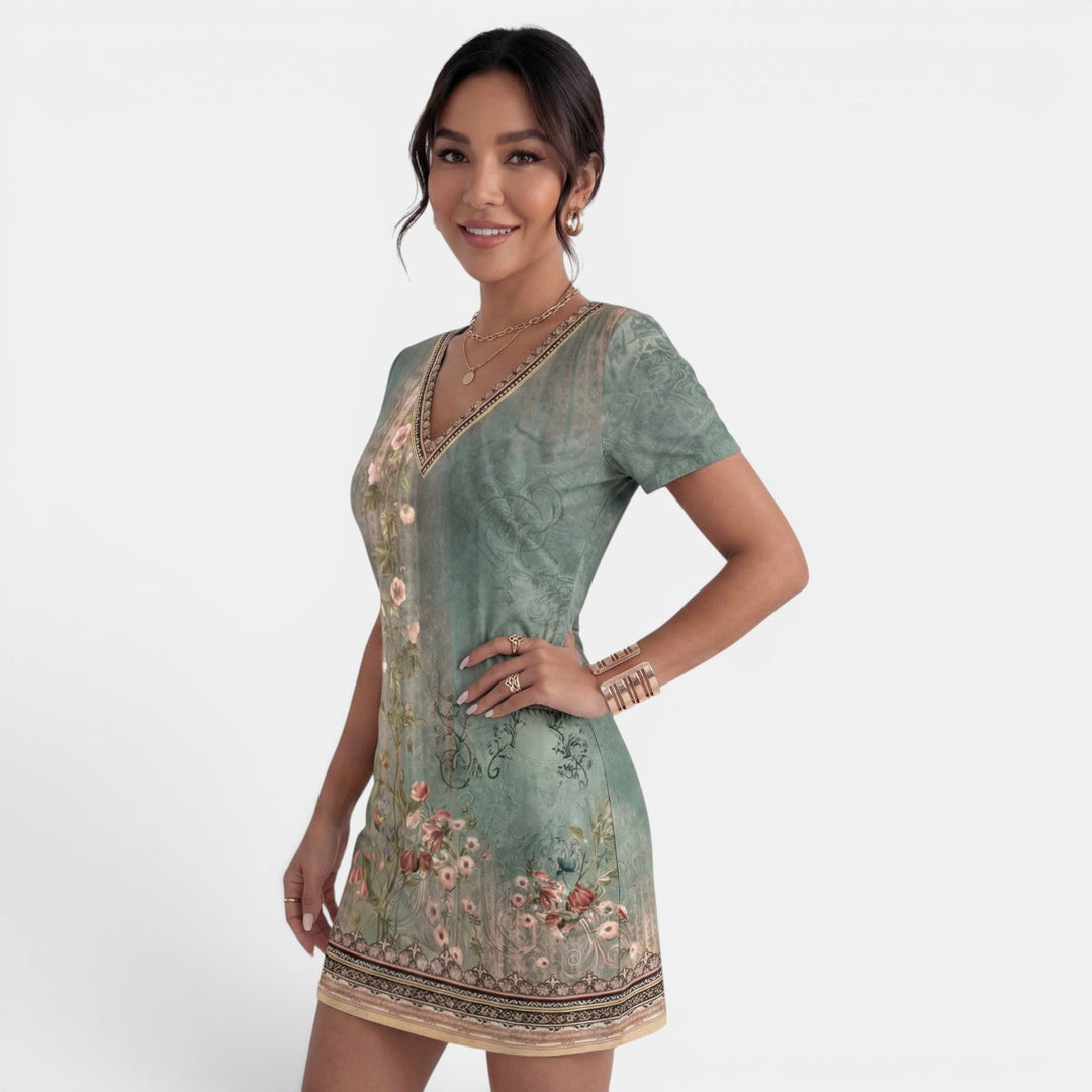 Elegante vestido midi estampado para mujer, cuello V, perfecto para ocasiones de verano, estilo fluido.