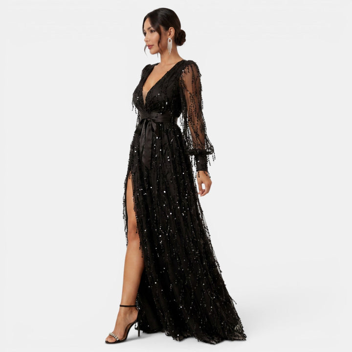 Deslumbrante vestido de noche largo para mujer, con lentejuelas y sofisticado escote V. Ideal para glamour.