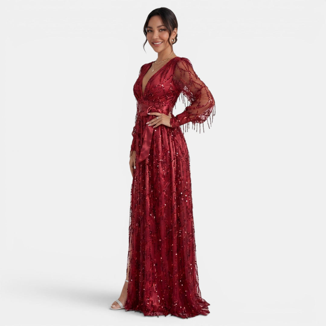 Vestido de fiesta femenino con lentejuelas deslumbrantes, corte largo y chic escote V. Ideal para eventos.