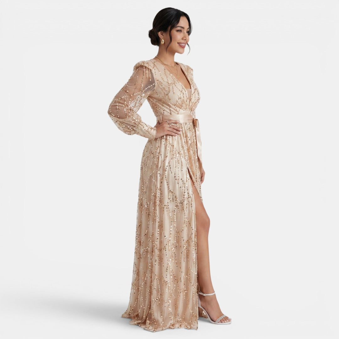 Precioso vestido de fiesta para mujer, estilo largo, con lentejuelas relucientes y escote V. Noche y glamour.