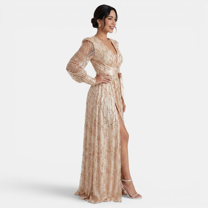 Precioso vestido de fiesta para mujer, estilo largo, con lentejuelas relucientes y escote V. Noche y glamour.