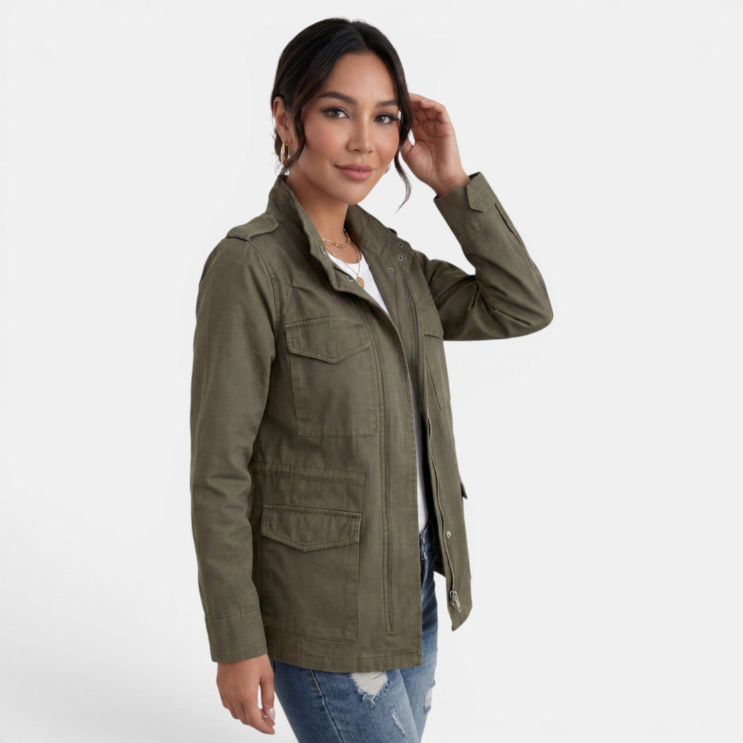 Chaqueta de primavera casual para mujer, ligera, con cremallera. Moda de entretiempo versátil.