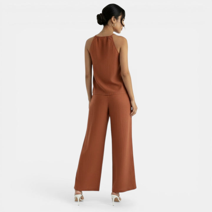 Conjunto casual de lino halter para mujer, pantalón palazzo, fresco y cómodo para el día a día.