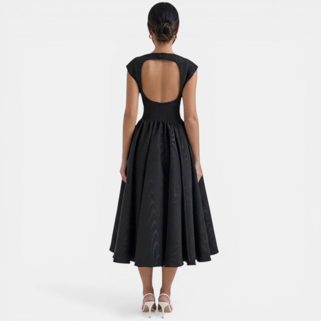Vestido midi elegante de mujer sin espalda, ideal para fiesta, eventos de verano y ocasiones formales.