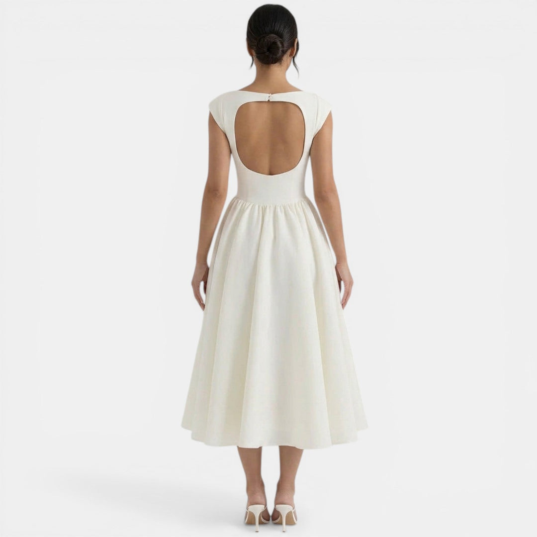 Vestido midi casual de mujer, cuello redondo, perfecto para moda de verano y eventos diurnos.