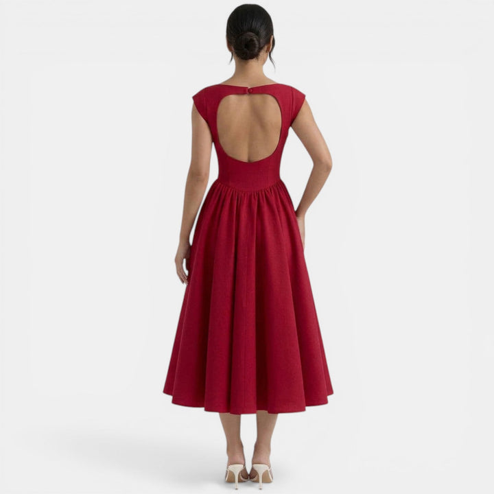 Vestido midi formal para mujer, elegante y femenino, perfecto para eventos de fiesta o boda.