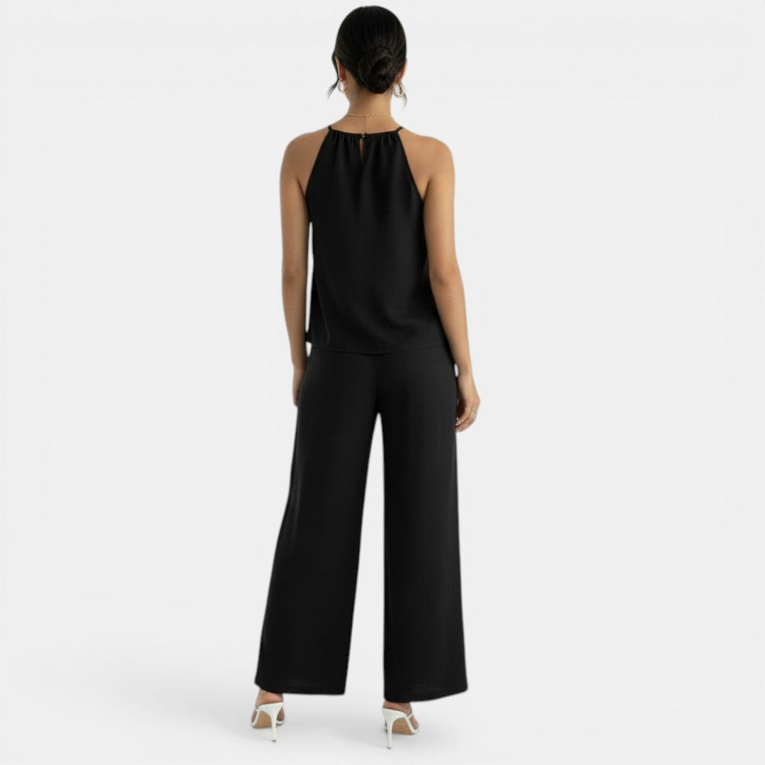 Conjunto completo de lino halter para mujer, pantalón palazzo, moda fresca y elegante de verano.