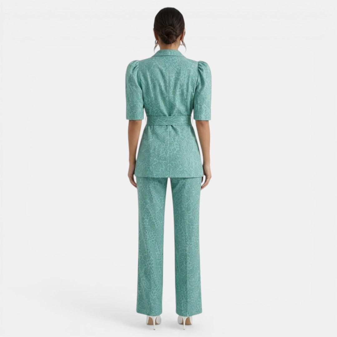 Blusa y pantalón elegante para mujer, estilo oficina. Conjunto de dos piezas con mangas abullonadas y lazada.