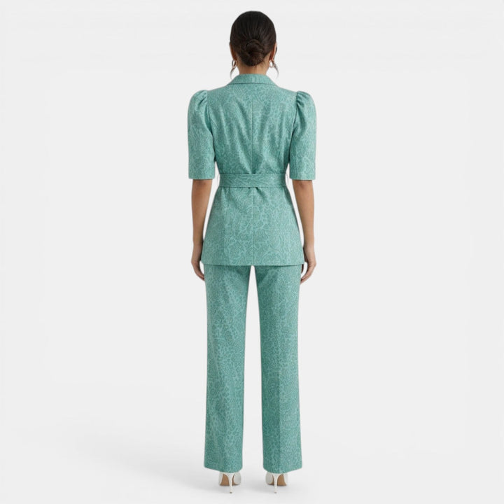 Blusa y pantalón elegante para mujer, estilo oficina. Conjunto de dos piezas con mangas abullonadas y lazada.