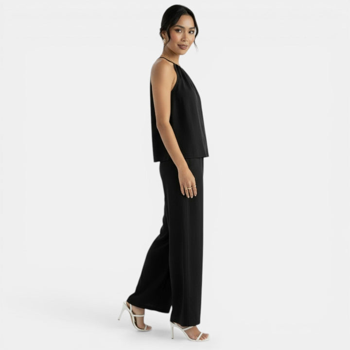 Conjunto de lino fresco para mujer, top halter y pantalón palazzo de ajuste cómodo y holgado.