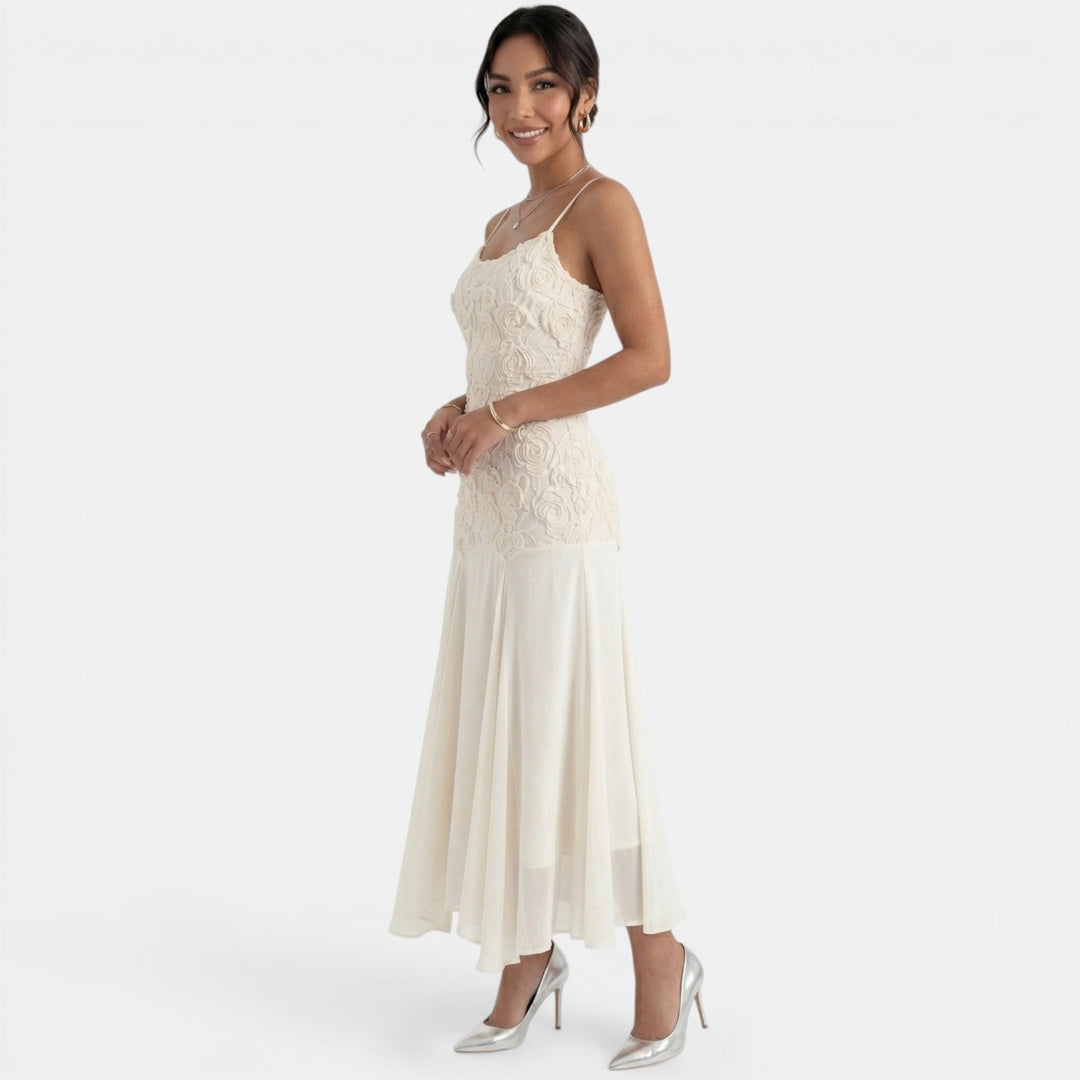 Vestido midi beige bordado para mujer, estilo romántico y elegante, perfecto para eventos casuales o de fiesta.