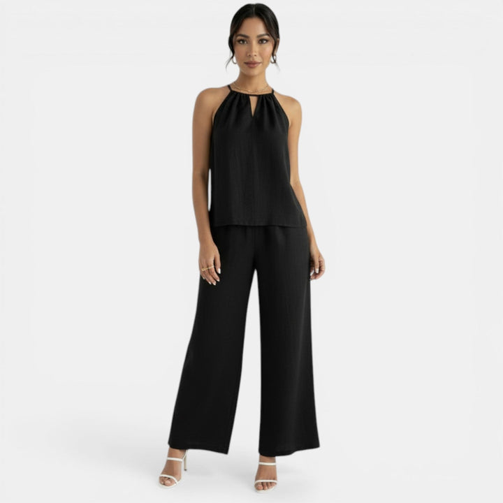 Atuendo de verano: conjunto de lino halter para mujer con pantalón palazzo, fresco y de moda.