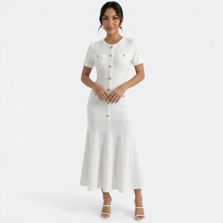 Vestido midi de mujer, diseño ajustado. Elegante y versátil para looks de día o de noche, en fiesta u oficina.