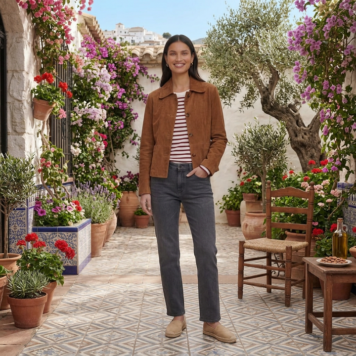 Elegante chaqueta de ante marrón para mujer, un abrigo versátil de entretiempo, ideal para cualquier estilo.