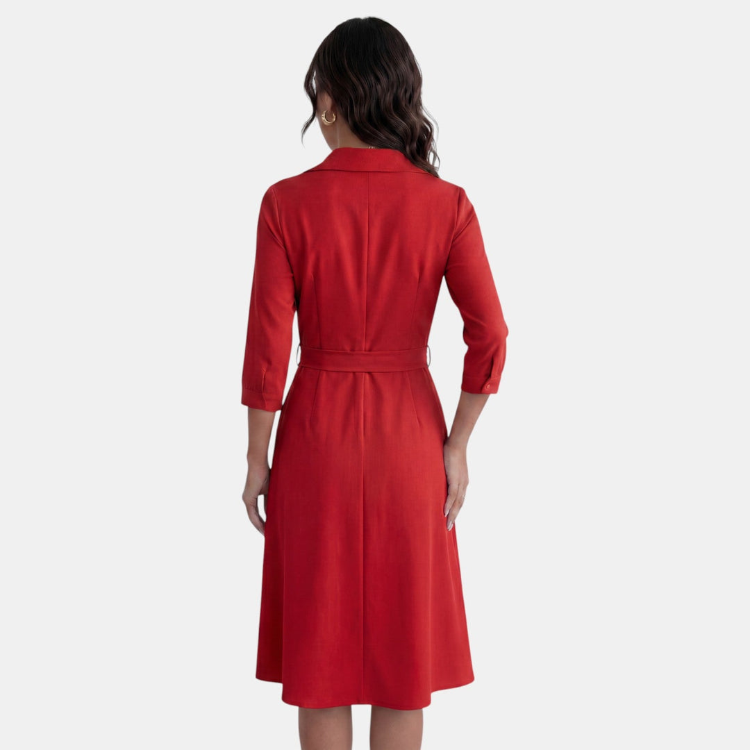 Vestido midi mujer, escote V profundo. Elegante y ajustado para fiesta o noche. Manga larga.