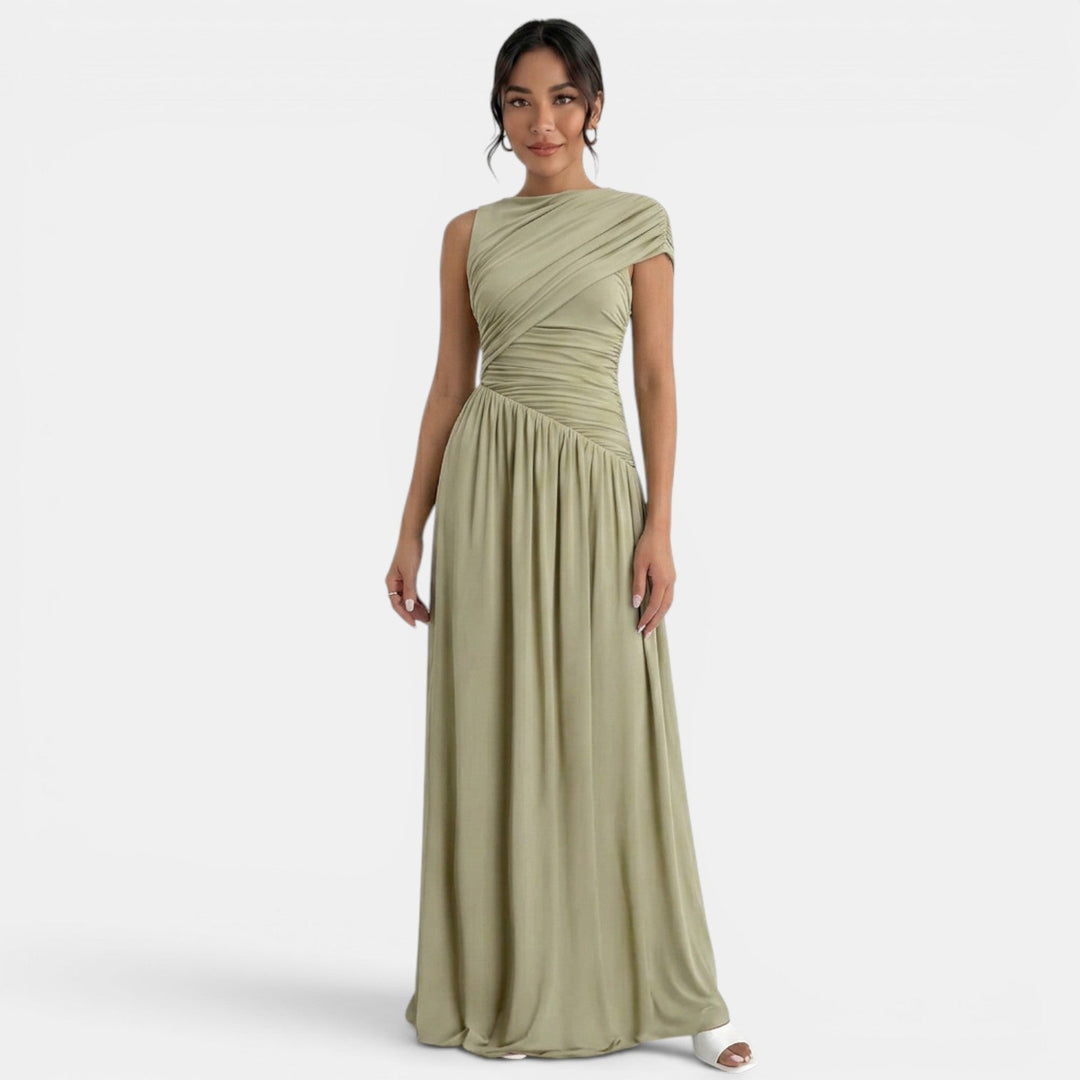 Vestido de fiesta verde bodycon elegante para mujer, estilo asimétrico plisado, ideal para bodas y eventos formales.