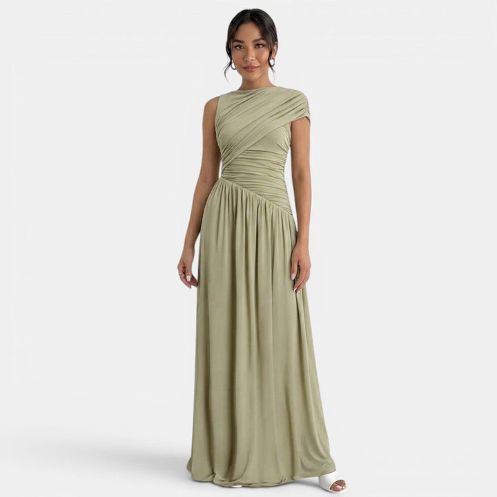 Vestido de fiesta verde bodycon elegante para mujer, estilo asimétrico plisado, ideal para bodas y eventos formales.