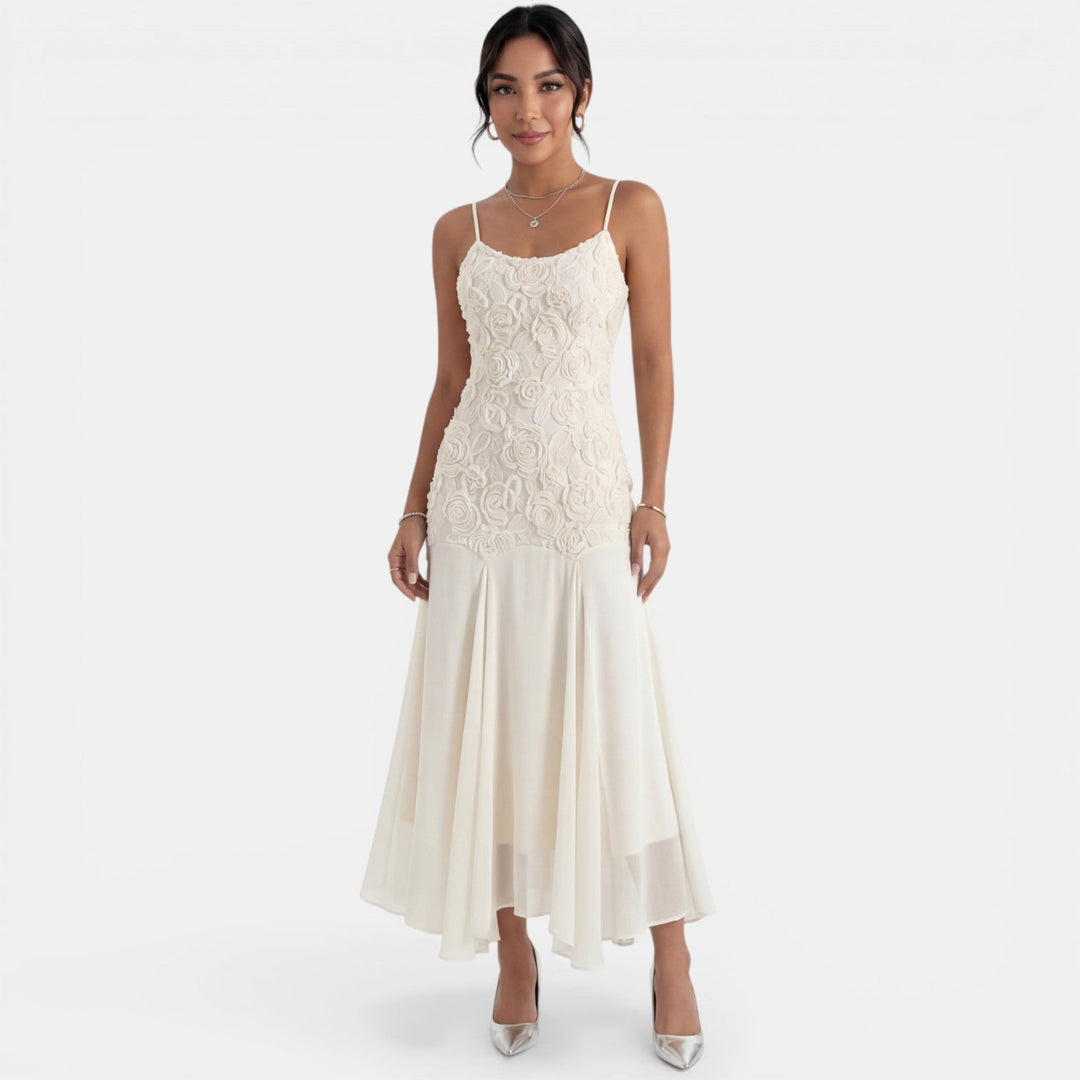 Vestido midi beige elegante para mujer, con bordado floral delicado, ideal para fiestas de verano.