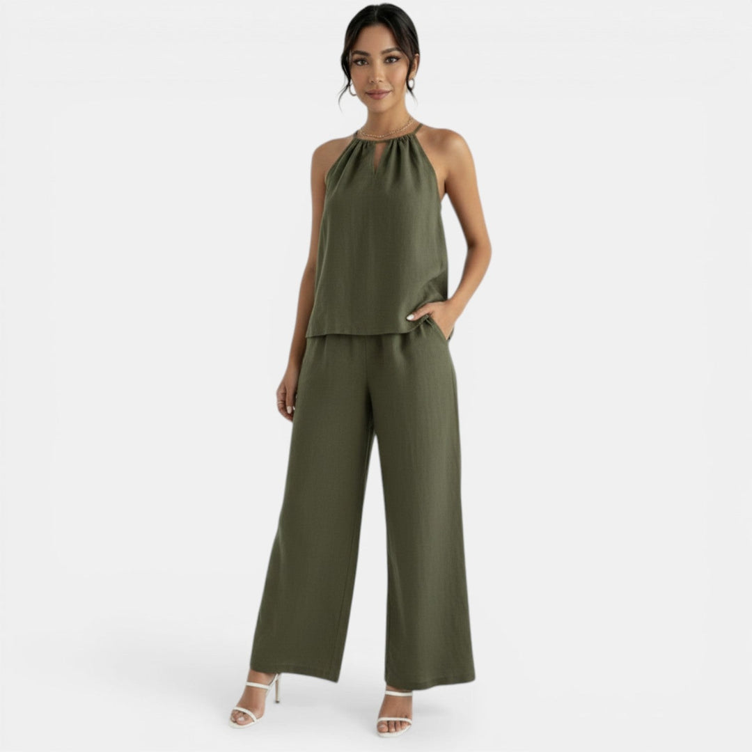 Conjunto de lino halter para mujer con pantalón palazzo, ideal para verano fresco y elegante.