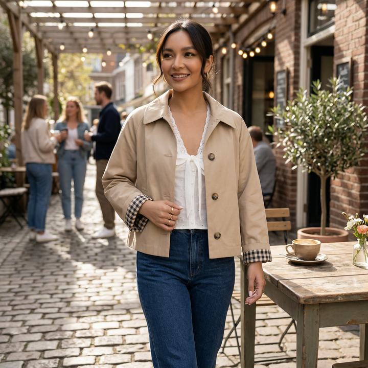 Mujer vistiendo una chaqueta larga beige elegante, moda contemporánea, versátil para cualquier ocasión.