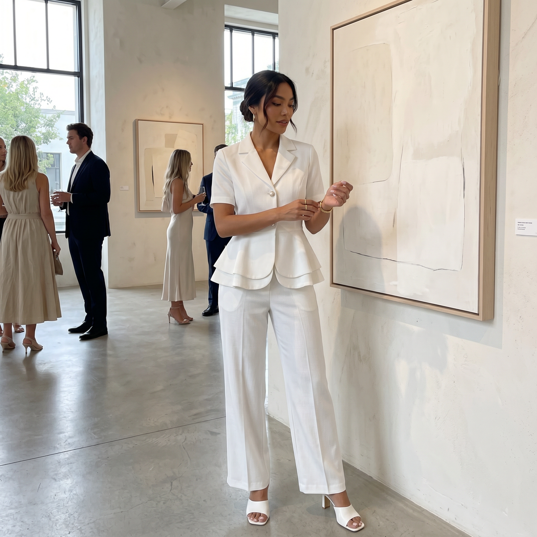 Sofisticado blazer blanco y pantalón a juego para mujer, conjunto moderno de dos piezas para un estilo chic y elegante.