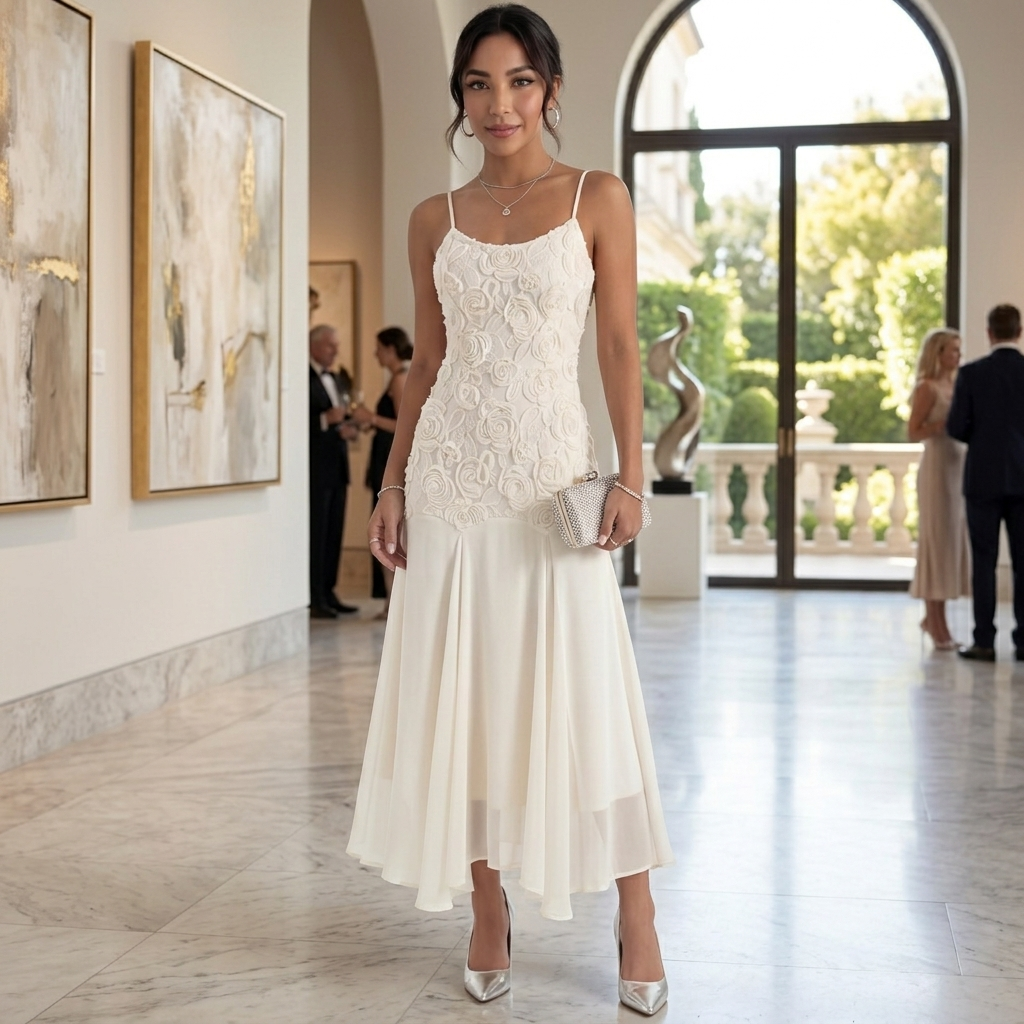 Vestido midi beige bordado floral elegante, ideal para mujer, combinando estilo casual y fiesta.