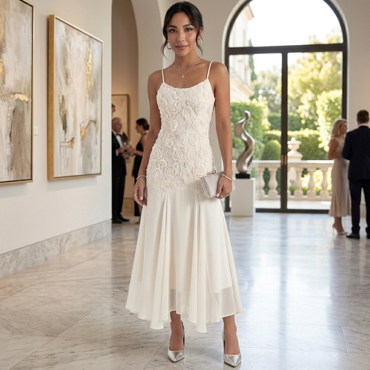 Vestido midi beige bordado floral elegante, ideal para mujer, combinando estilo casual y fiesta.