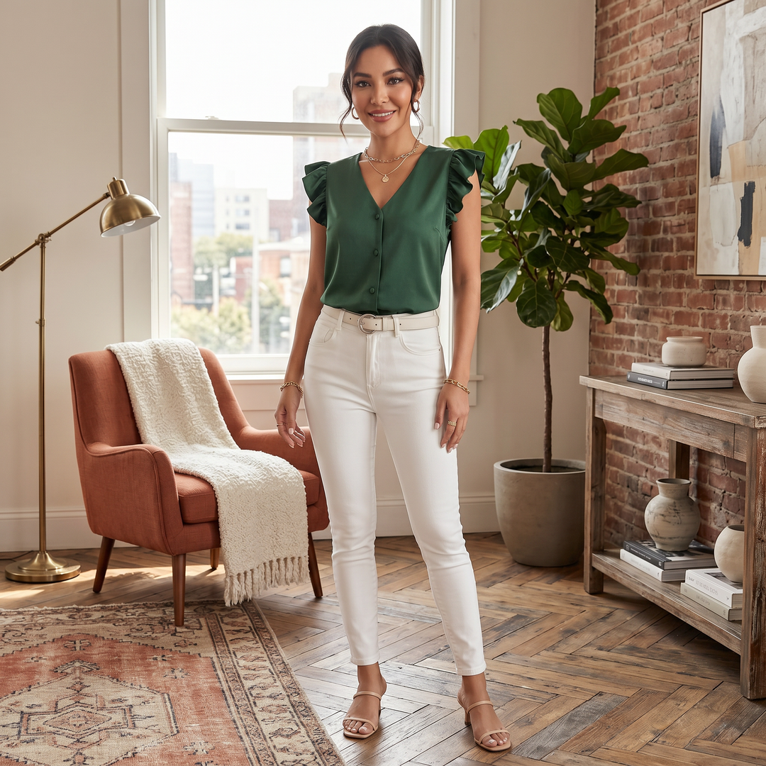 Camisa con volantes y botones, perfecta para un outfit elegante de mujer en primavera-verano.
