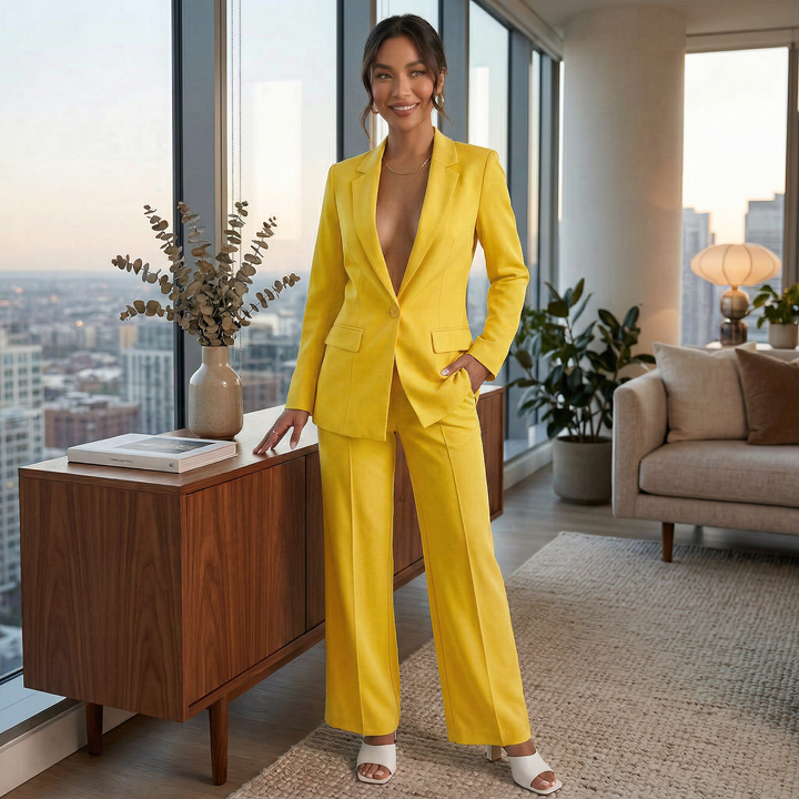 Traje de mujer versátil: blazer y pantalón. Perfecto para estilo formal o casual elegante.