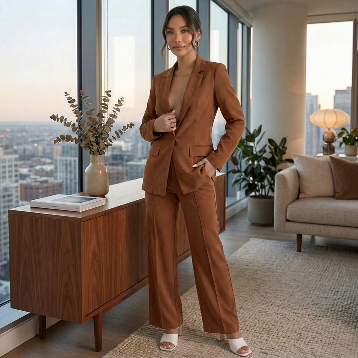Traje negro atemporal para mujer. Blazer elegante y pantalón formal de oficina.