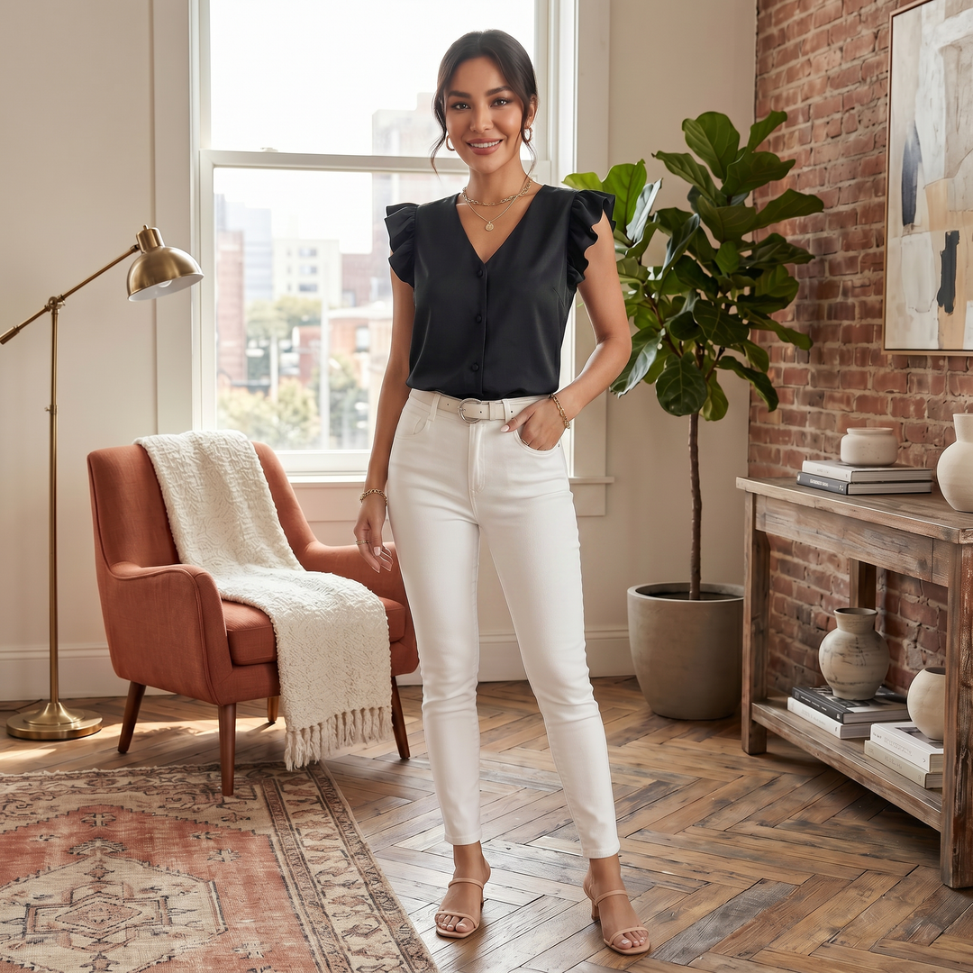Blusa elegante de mujer con volantes, botones discretos. Perfecta para un look primaveral.