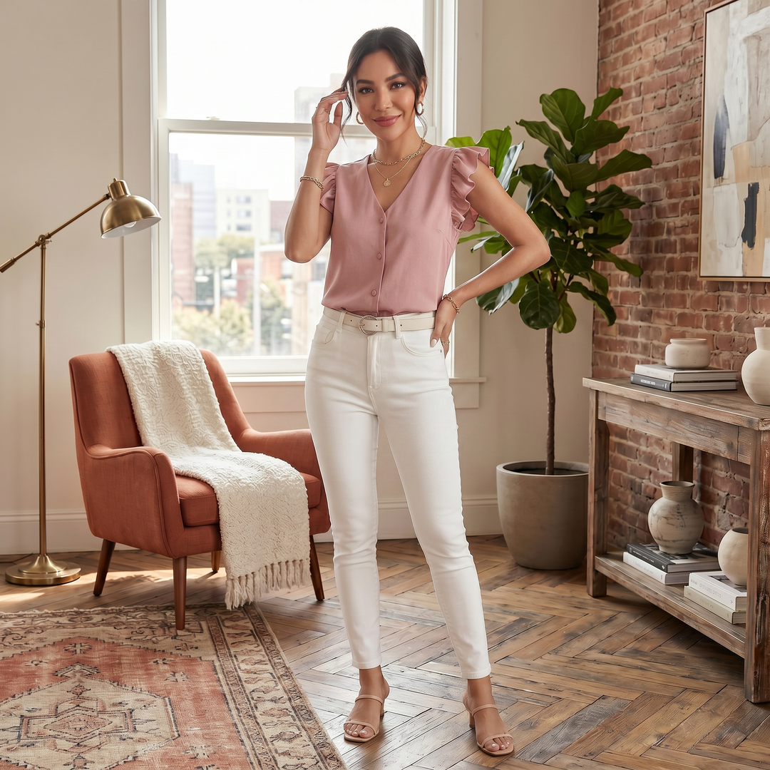 Atractiva camisa de verano para mujer, con volantes fluidos y botones, estilo casual y cómodo.